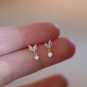 Tiny Gold Leaf Flower Pave Cubic Zirconia Drop Dangle Stud Earrings